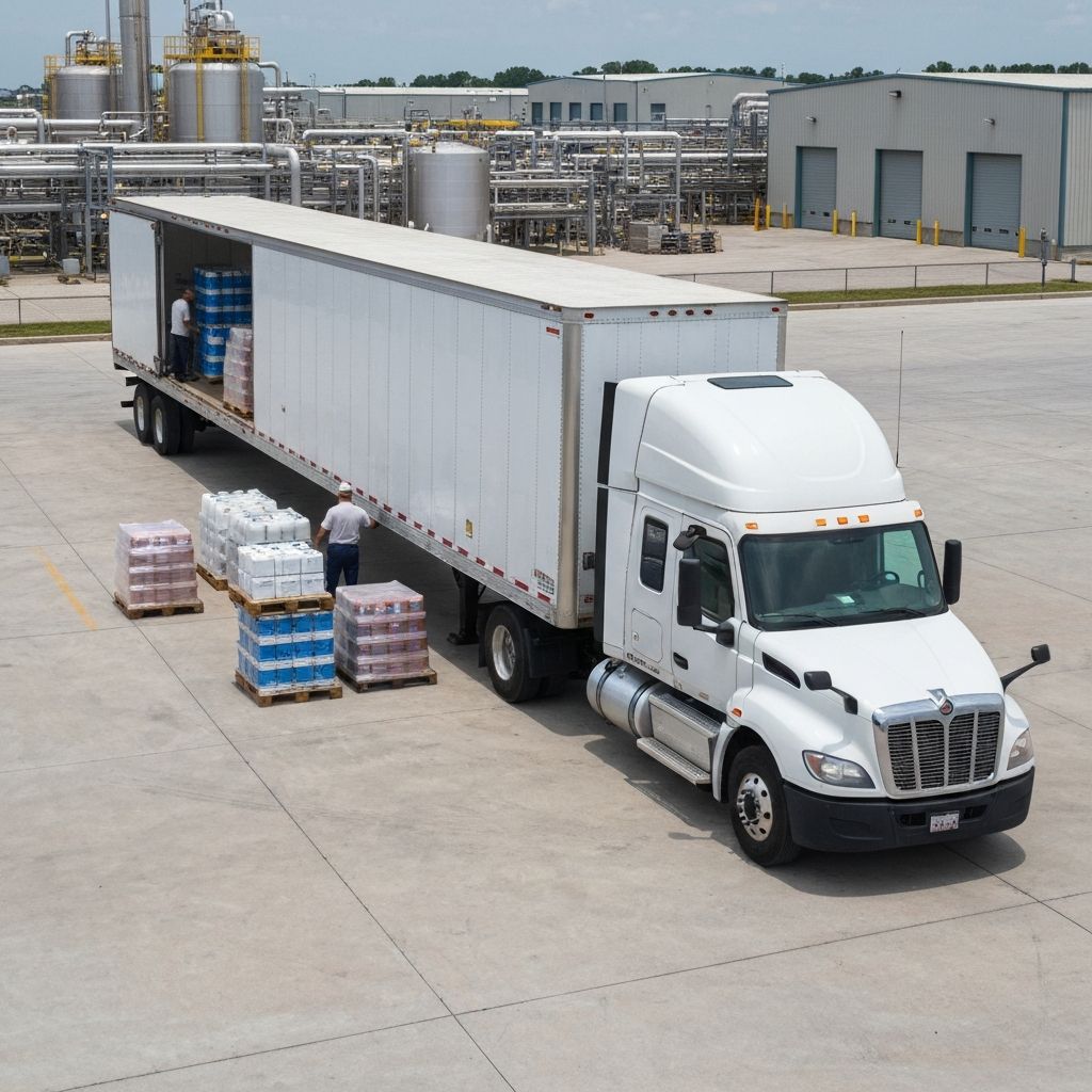 Dry van truck being loaded with palletized chemical containers at a chemical manufacturing plant
